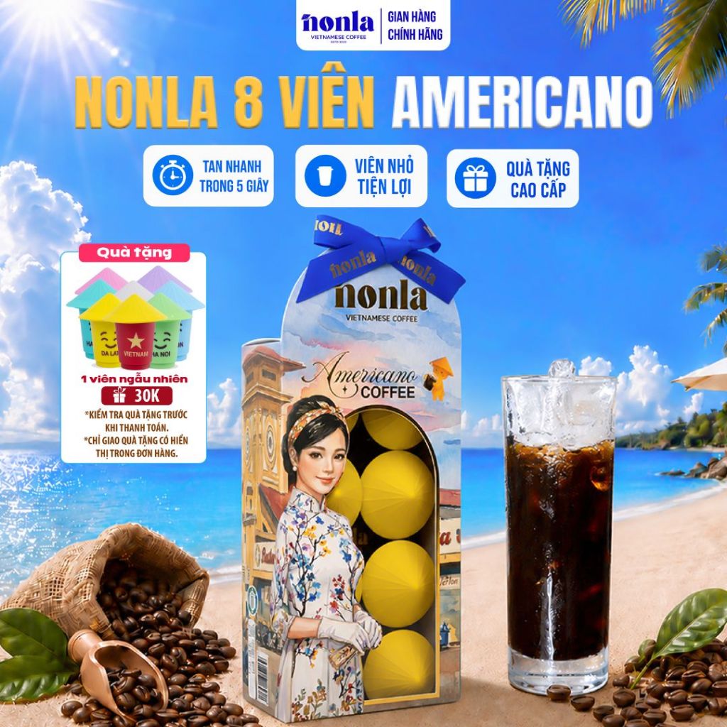 Hộp Cà Phê Hòa Tan Americano Sấy Thăng Hoa NONLA COFFEE Không Đường Tan Trong Nước Lạnh 8 Viên