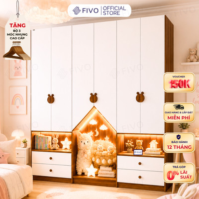 Tủ Gỗ Đựng Quần Áo Trẻ Em Cao Cấp FC03 FIVO, Tủ Sâu 60cm, Thiết Kế Hình Ngôi Nhà Độc Đáo, Freeship+Free lắp đặt, T