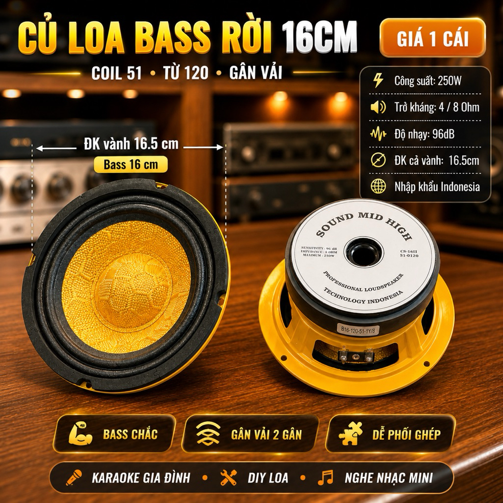 CỦ LOA BASS RỜI 16CM COIL 51 TỪ 120 ( GIÁ 1 CÁI) GÂN VẢI MÀN SỢI THUỶ TINH
