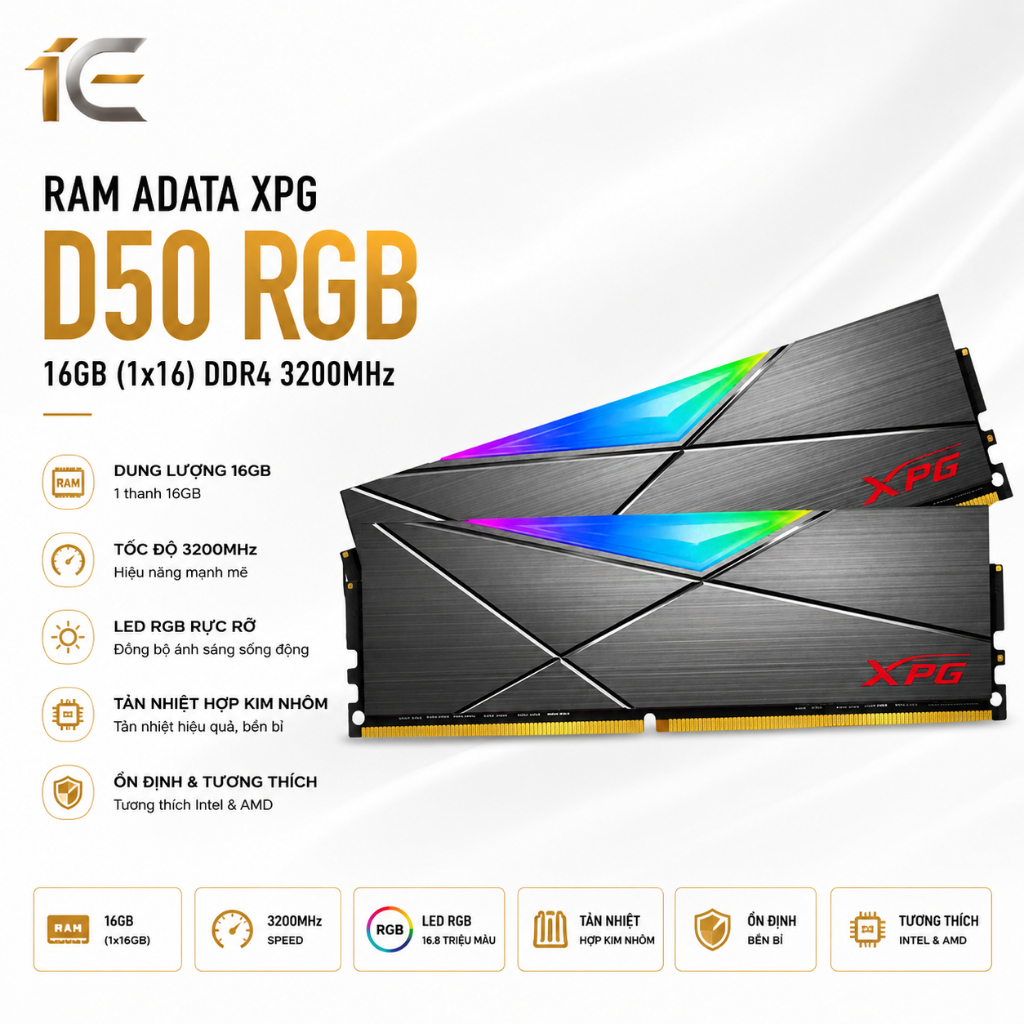 Ram Adata XPG D50 RGB Trắng / Xám 16GB (1x16) DDR4 3200Mhz - Bảo hành 36 tháng