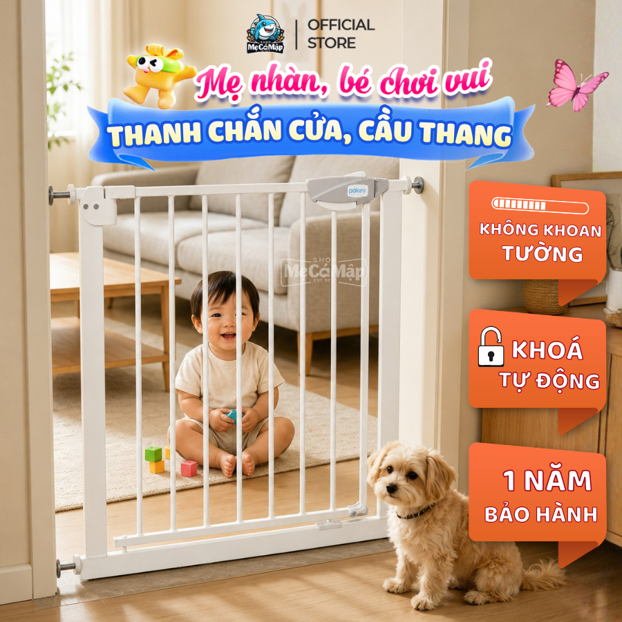 Thanh Chắn Cầu Thang, Thanh Chắn Cửa Pakey Không Khoan Đục Cao 79cm An Toàn Cho Trẻ Nhỏ