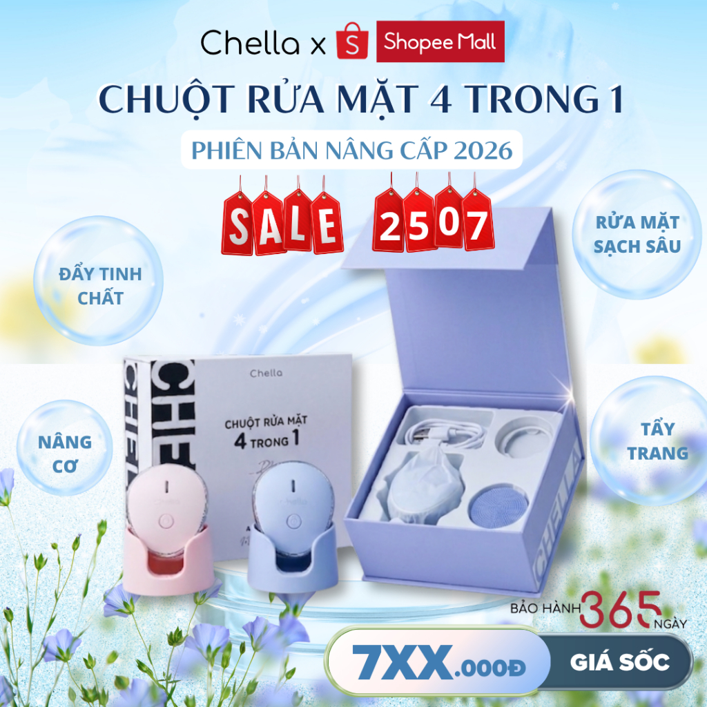 Chuột Rửa Mặt Chella 4 trong 1 kèm Tẩy Trang, Máy Đẩy Tinh Chất, Nâng Cơ, Máy Rửa Mặt Giúp Da Sạch S