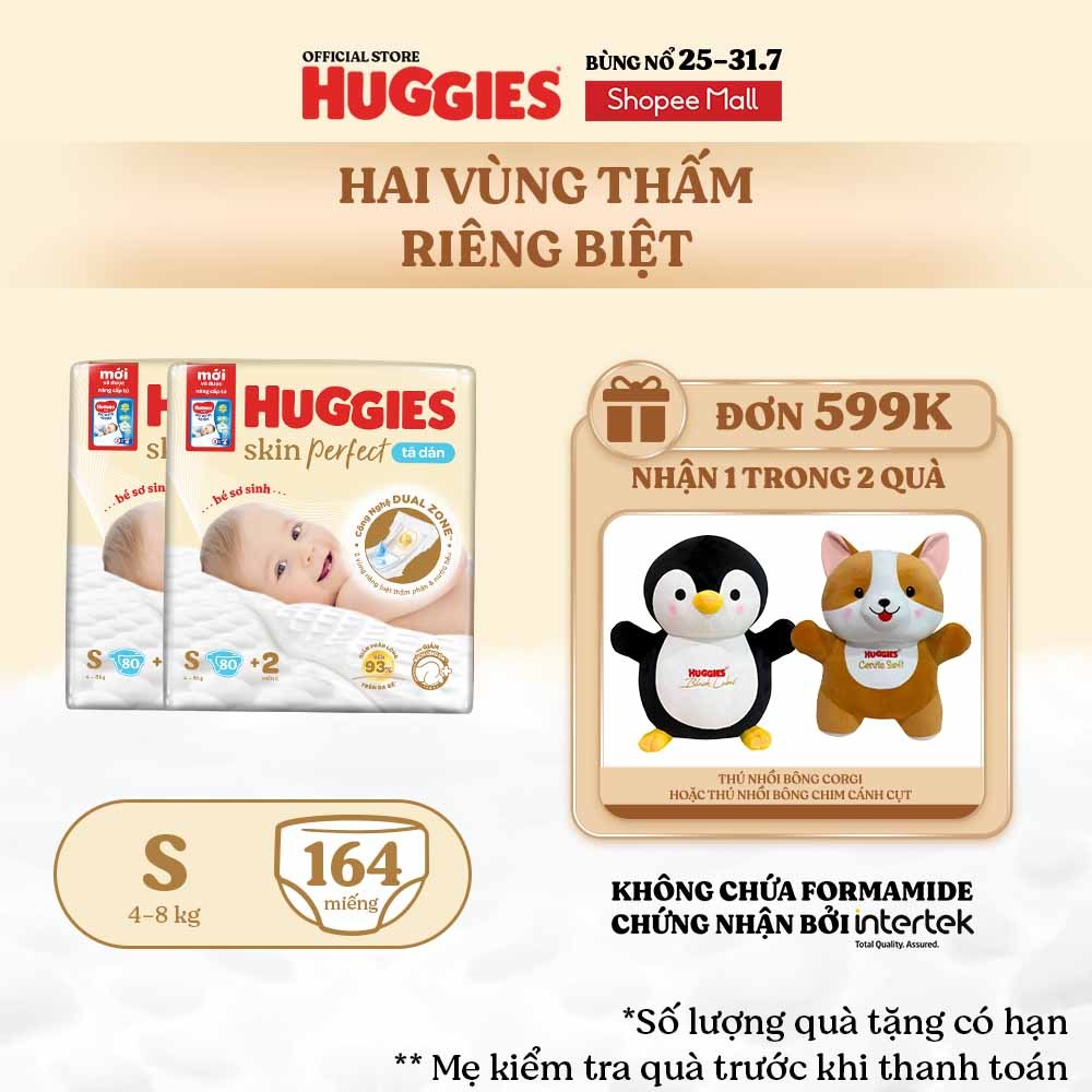 [KOL Live] Combo 2 Tã/bỉm dán sơ sinh Huggies Skin Perfect S 80+2 miếng với 2 vùng thấm giảm kích ứn