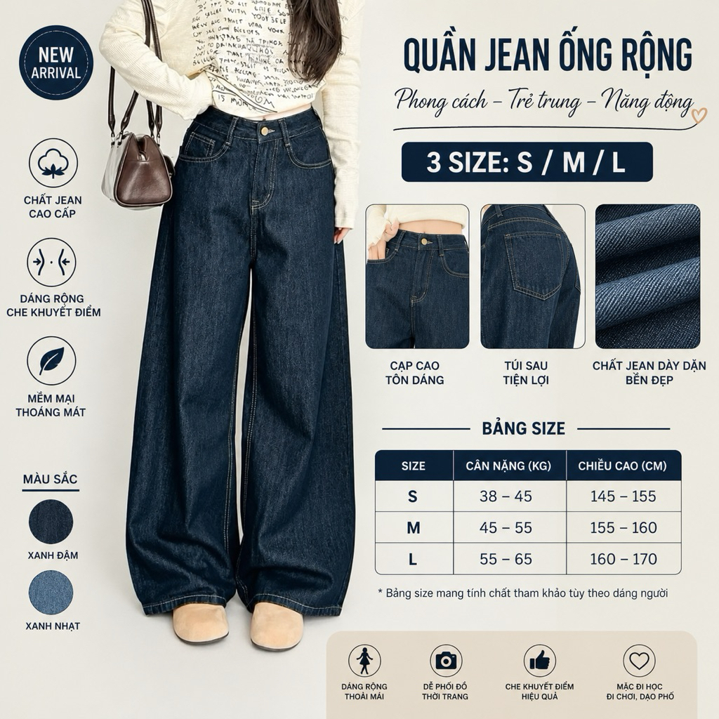 Quần Jean  Ống  Rộng Nữ ,  quần jeans trơn màu xanh đậm phối chỉ nổi cạp cao hack dáng