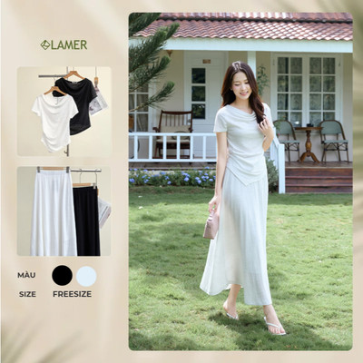 Áo Kiểu Nữ LAMER FASHION Cộc Tay Cổ Đổ Chéo Vạt Cotton Phối Chân Váy Dài Xòe Cạp Chun O61B26H008