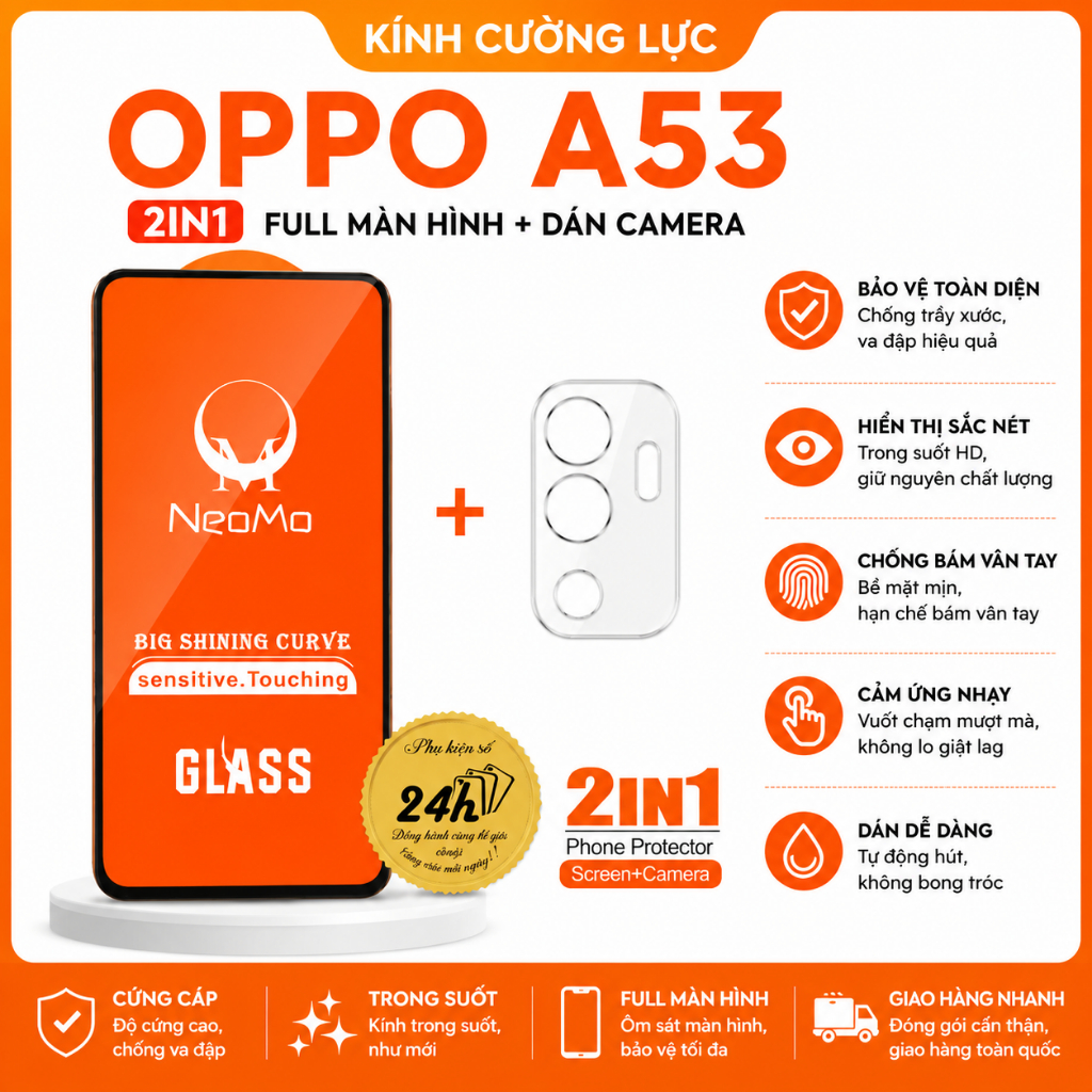 Combo Kính Cường Lực Cho Oppo A53 / A53 2020 Full Màn Hình 9D + Miếng Dán Bảo Vệ Camera