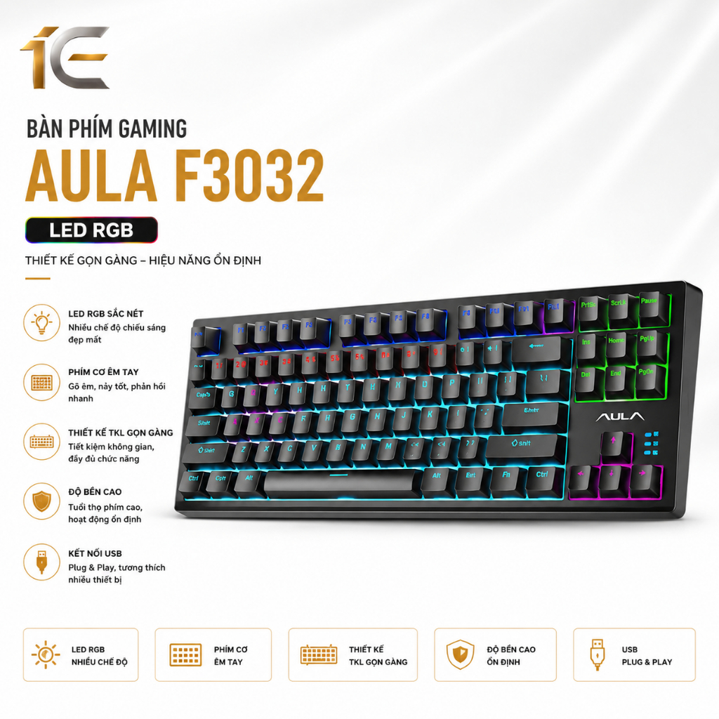 Bàn phím Gaming Aula F3032 LED RGB | Hot-swap | Fullsize 104 phím | Switch quang cơ | Keycap ABS