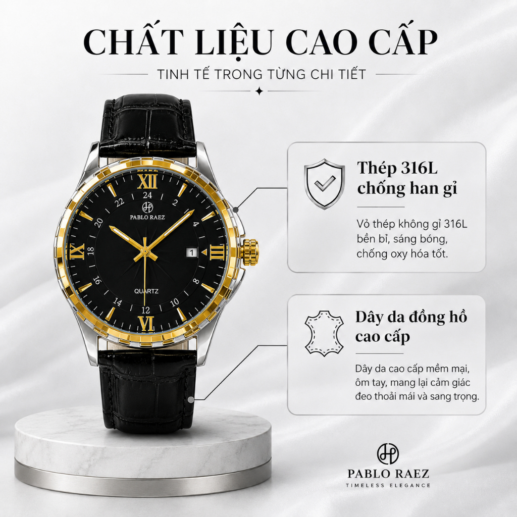 Đồng hồ nam dây da PABLO RAEZ chống nước dạ quang có lịch ngày sang trọng lịch sự U850 CARIENT | BigBuy360 - bigbuy360.vn