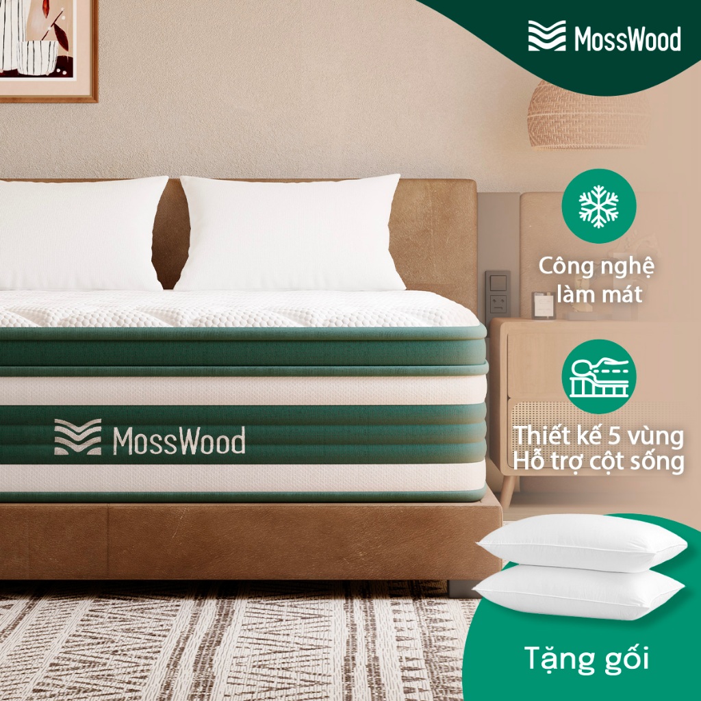 Nệm lò xo cao cấp MossWood 30cm mát lạnh mùa hè | Hỗ trợ nâng đỡ 5 vùng, giảm đau mỏi lưng cổ, tiêu chuẩn 5 sao