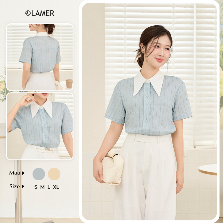 Áo Sơ Mi Nữ LAMER FASHION Dáng Suông Cộc Tay Cổ Đức Phối Công Sở O61H26H030