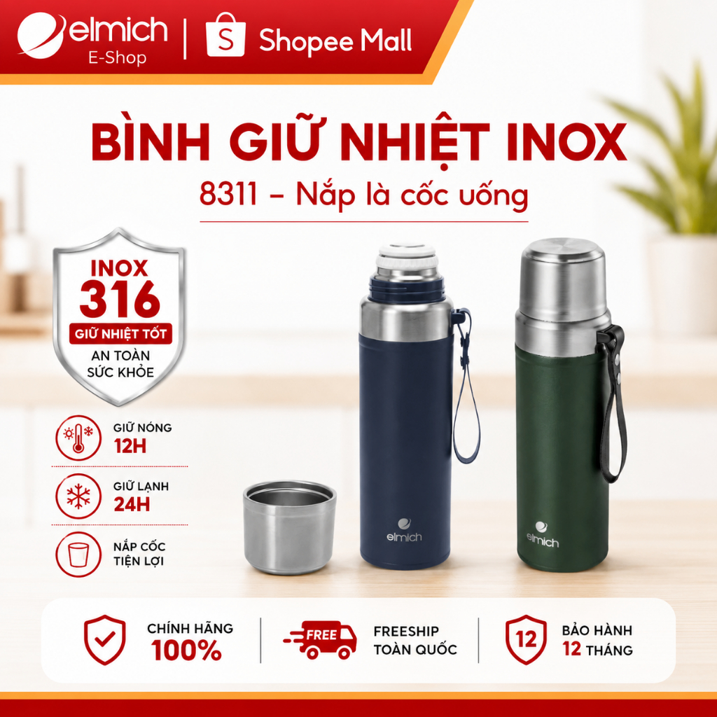 Bình Giữ Nhiệt 800ml Elmich EL-8311 | Bình Nước Giữ Nhiệt INOX 316, Có Quai Xách, Elmich Chính Hãng