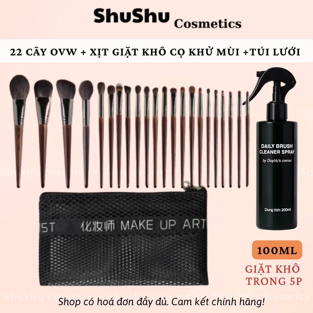 [COMBO] Bộ Dụng Cụ Makeup 14 Cây, 22 Cây Lông Tự Nhiên OVW Kèm Xịt Khô Cọ SHUSHU COSMETCS
