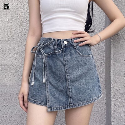 Quần short nữ Twentyfive chất jeans giả váy phối dây buộc nơ trẻ trung 6654