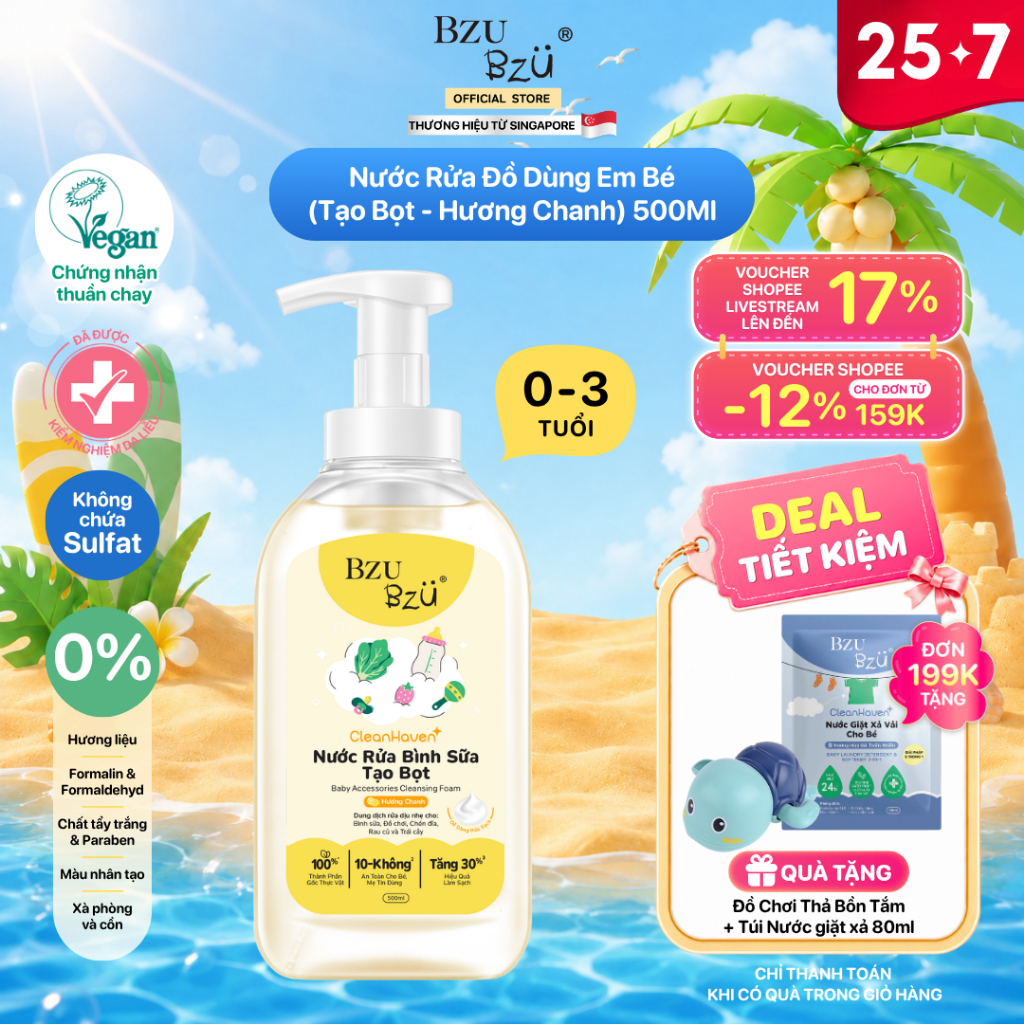 [Phiên bản mới] Nước Rửa Bình Sữa, Rau Củ Và Đồ Dùng Em Bé Thuần Chay BZU BZU Cleansing Foam CleanHa