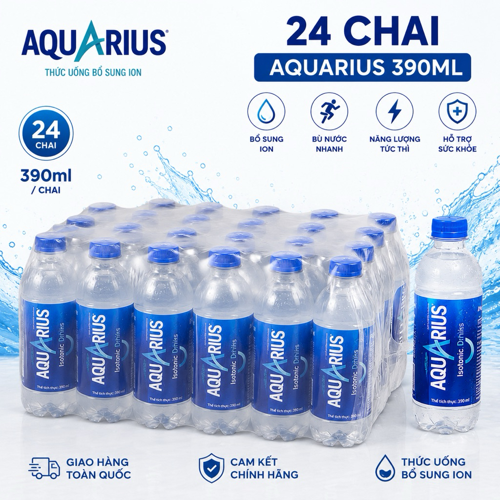 Nước uống vận động AquaRius thùng 24 chai 390 ml - Nước ngọt có ga, nước điện giải