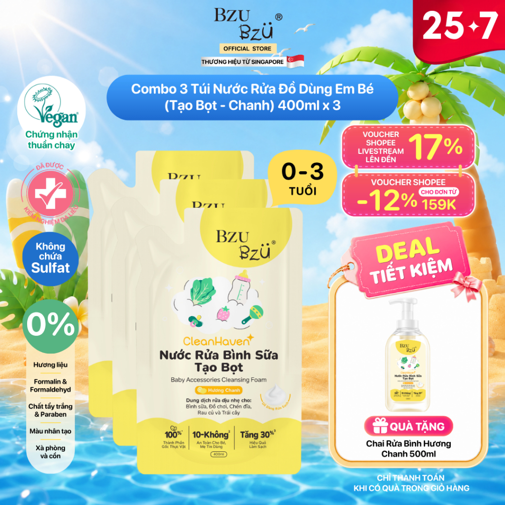 [Phiên bản mới] Combo 3 Túi Nước Rửa Bình Sữa Và Đồ Dùng Em Bé Thuần Chay BZU BZU CleanHaven Tạo Bọt