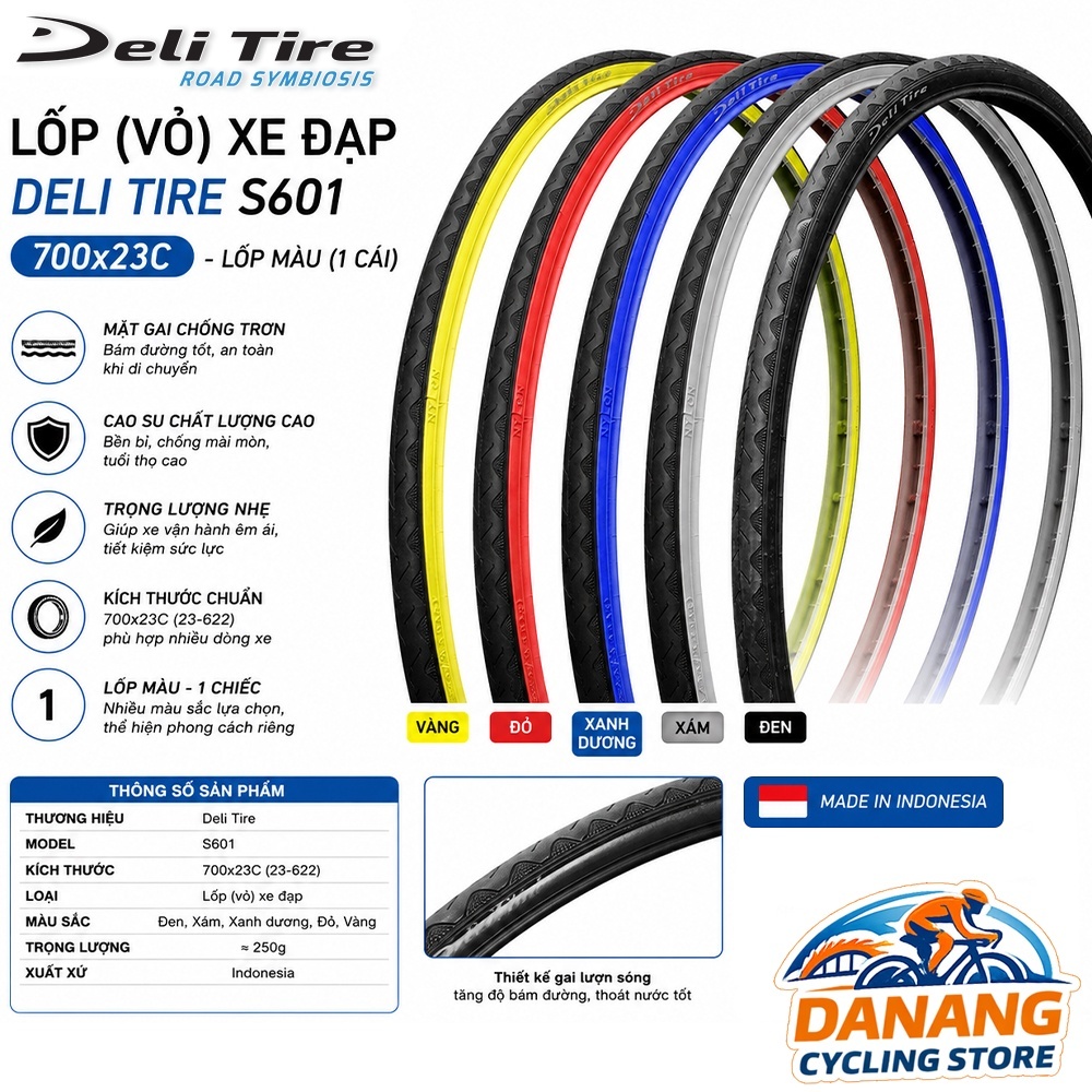 Lốp (Vỏ) Xe Đạp Deli Tire S601 700x23C – Lốp Màu Cho Xe Đạp Road – 1 Cái