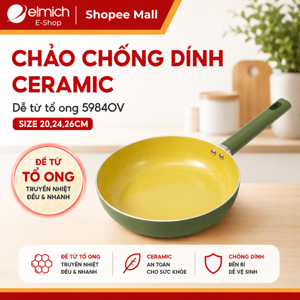 Chảo Chống Dính Ceramic Elmich Olive 5984OV Size 20-26cm Đế Từ Tổ Ong Dùng Bếp Từ Cao Cấp