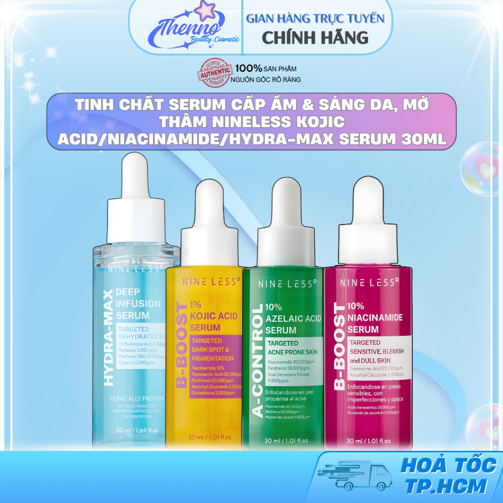 Tinh Chất Serum Cấp Ẩm & Sáng Da, Mờ Thâm Nineless Kojic Acid/Niacinamide/Hydra-Max Serum 30ml Hàn Q