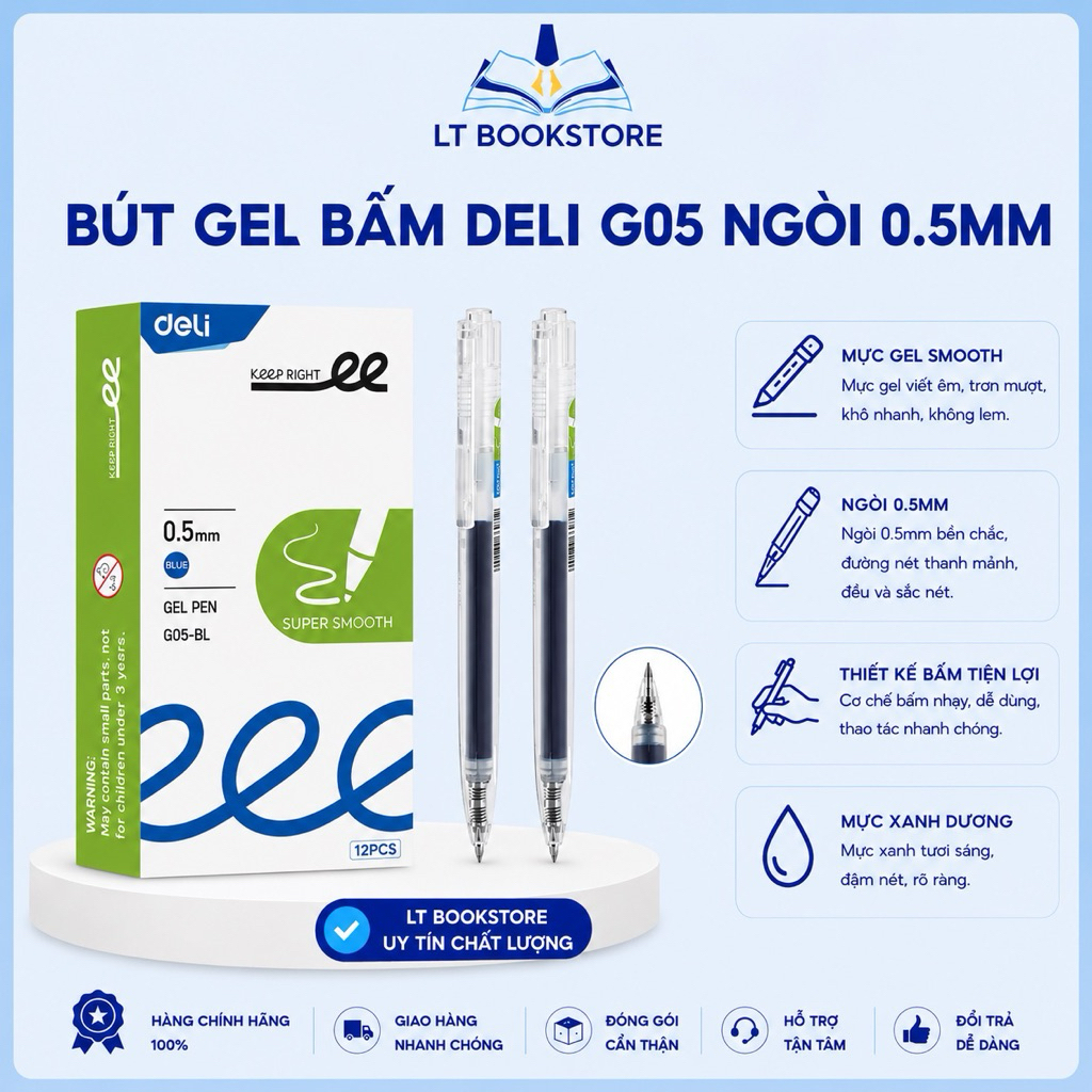 Hộp 12 Bút Gel Deli G05 0.5mm, Mực Xanh, Viết Êm, Mực Ra Đều – LT BookStore