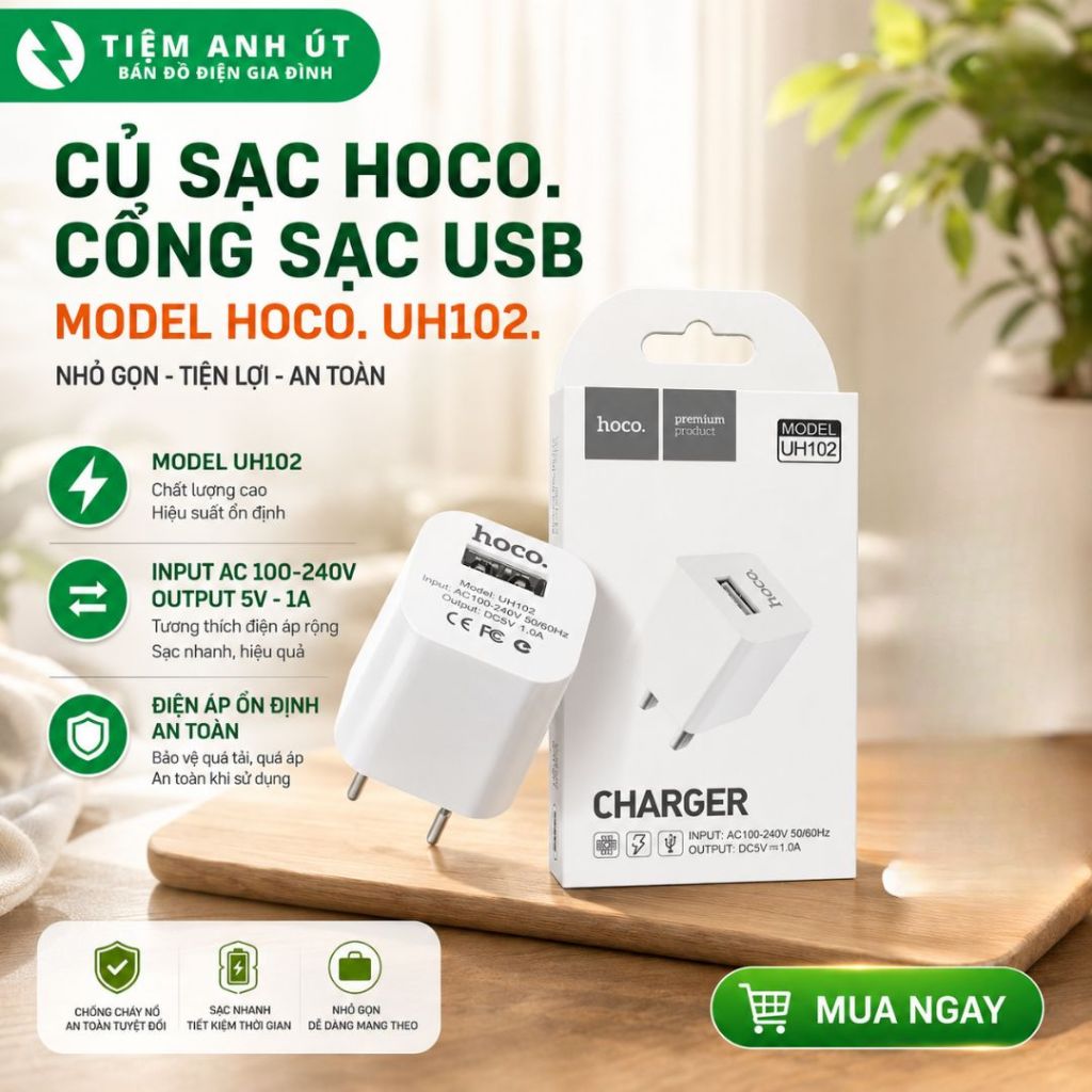 HOCO Chính hãng - Củ sạc tiêu chuẩn chính hãng HOCO UH102 - Chuẩn quốc tế