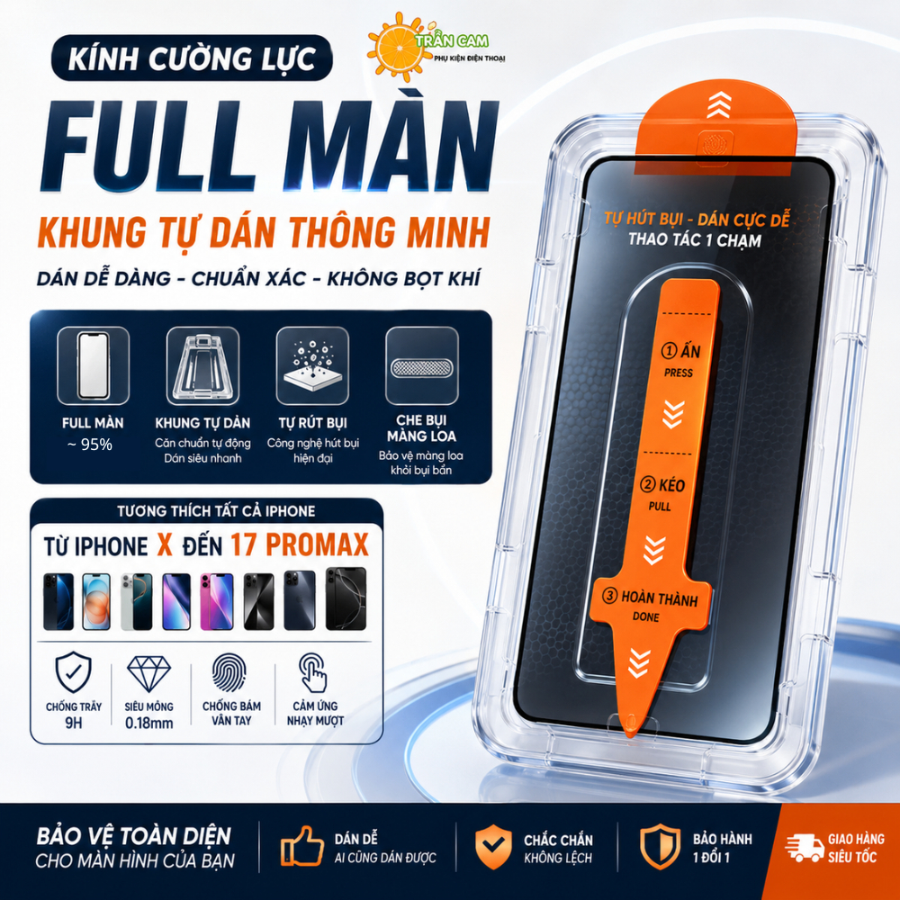Kính cường lực khung trợ dán, tự rút bụi full màn hình, Độ trong full HD cho iphone x/xs...15 promax/ 17 promax/...