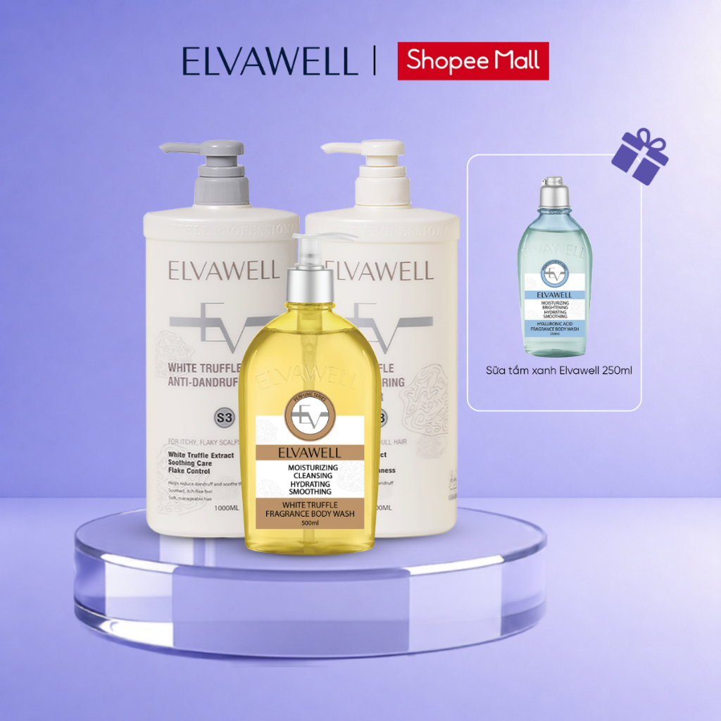 Combo Toàn Diện Elvawell - Dầu Gội, Dầu Xả Giảm Gàu Suôn Mượt + Sữa Tắm TẶNG KÈM 1 Sữa Tắm Elvawell