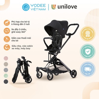 Unilove Xe đẩy siêu nhẹ 3 trong 1 On-the-Go dễ dàng gấp gọn, có mái vòm chống tia UV và ghế ngồi xoay 360 độ