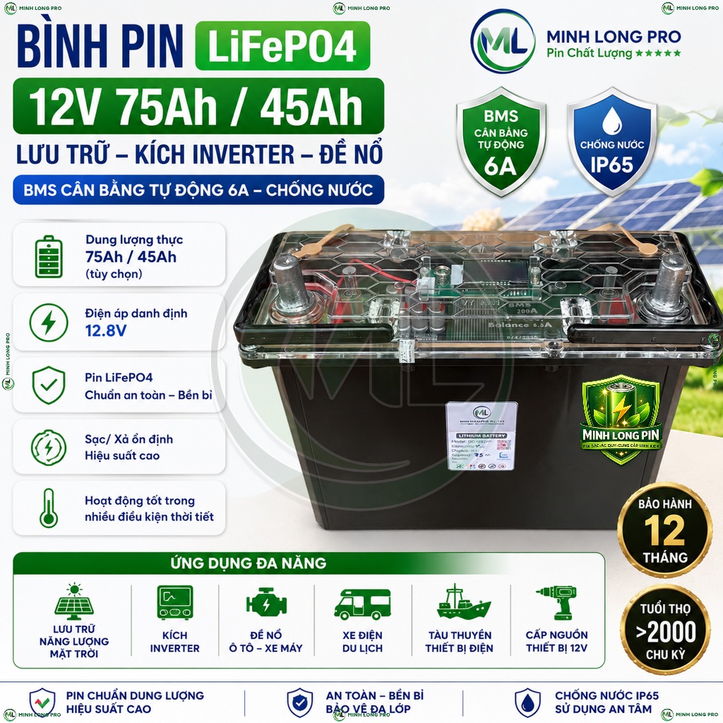 Bình Pin LiFePO4 12V 45Ah 75Ah Pin Lithium Lưu Trữ, Inverter, UPS, Kích Đề Nổ, NLMT,  BMS Balance 6A