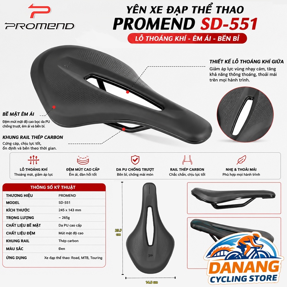 Yên Xe Đạp Thể Thao Promend SD-551 Lỗ Thoáng Khí – Thiết Kế Công Thái Học, Chống Tê Mỏi, Êm Bền