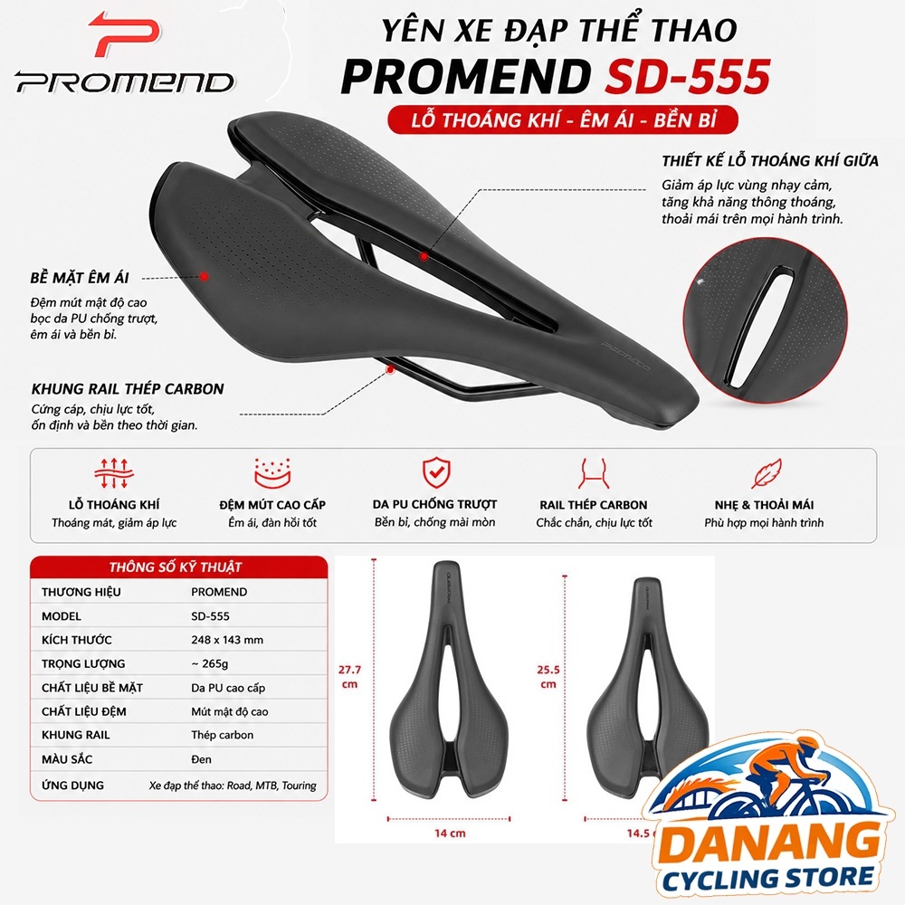 Yên Xe Đạp Thể Thao Promend SD-555 Có Lỗ Thoáng Khí – Êm Ái, Chống Đau Mông, Thiết Kế Công Thái Học