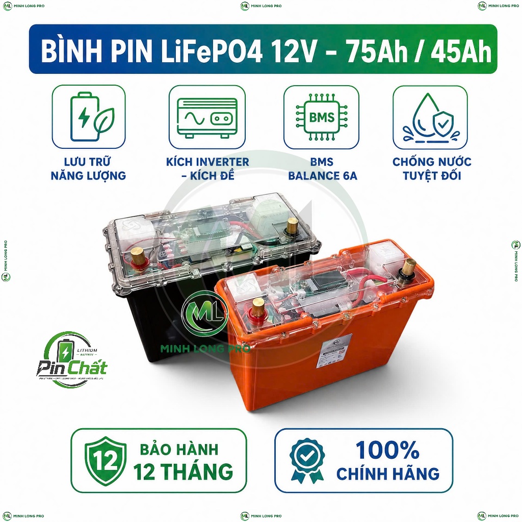 Bình Pin LiFePO4 12V 45Ah/75Ah Pin Lithium Lưu Trữ, UPS, Inverter, Điện Mặt Trời, BMS Balance 6A