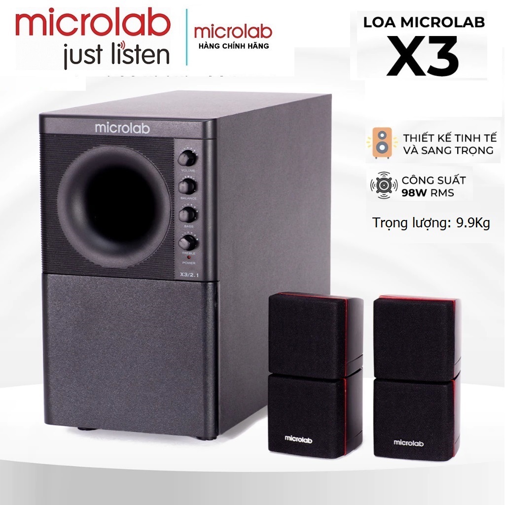 Loa Microlab X3 2.1, X2 2.1 Chính Hãng, Công Suất 98W, Kết Nối Jack 3.5mm (Không Bluetooth) cho Máy 