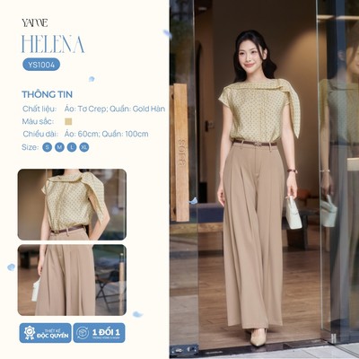 Set Nữ Thiết Kế YAME Công Sở Áo Form Rộng Chấm Bi, Cổ Điệu & Quần Ống Rộng, Xếp Ly, Túi Sườn  - HELENA YS1004