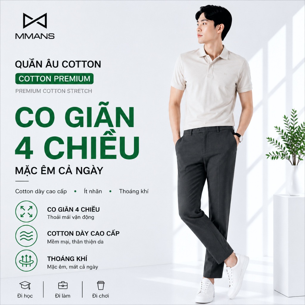 Quần âu nam MMANS chất vải poly cao cấp ống côn siêu co giãn 4 chiều dáng ôm body