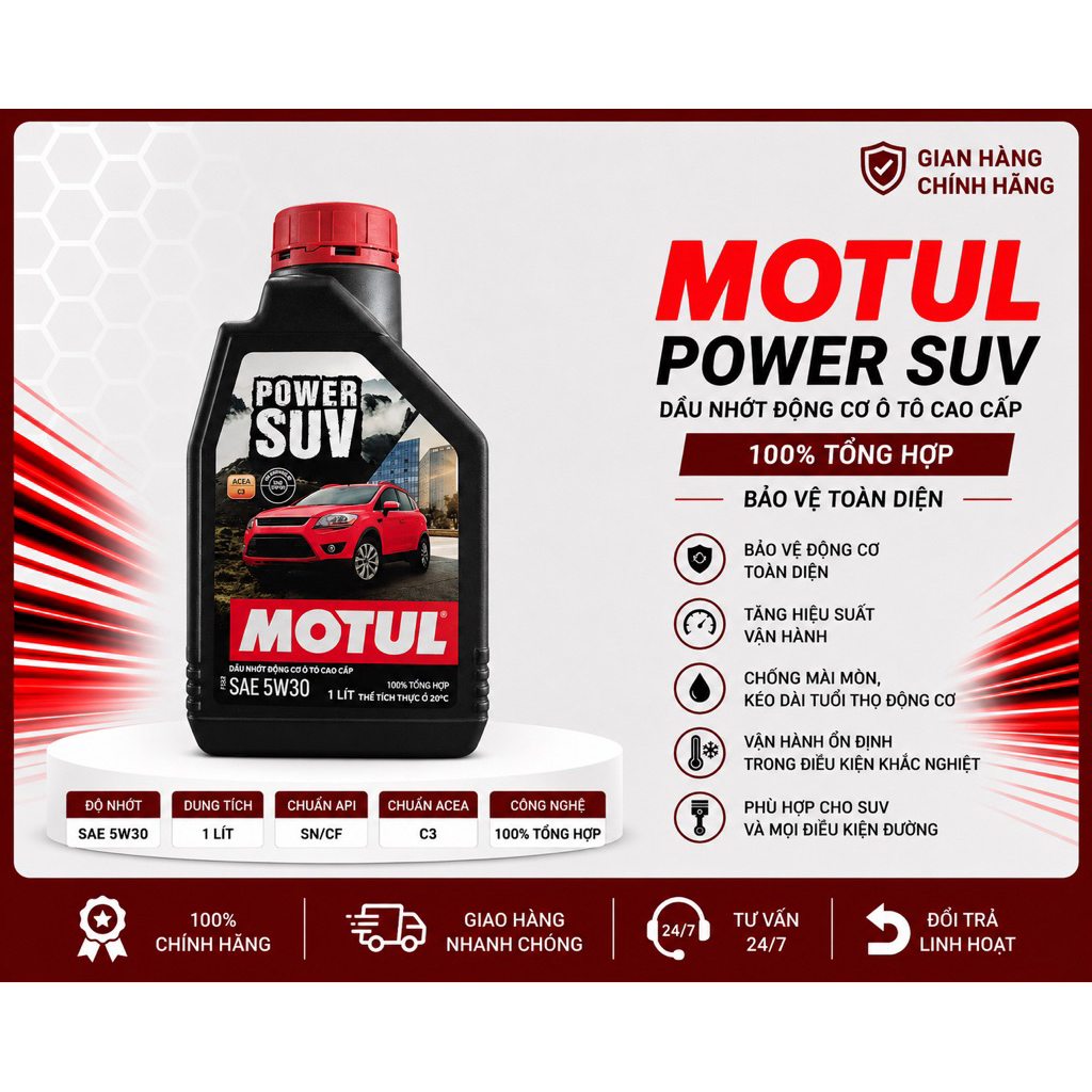 DẦU NHỚT CAO CẤP 100% TỔNG HỢP MOTUL POWER SUV 5W30 DÀNH CHO ĐỘNG CƠ XĂNG & DIESEL DUNG TÍCH 1L