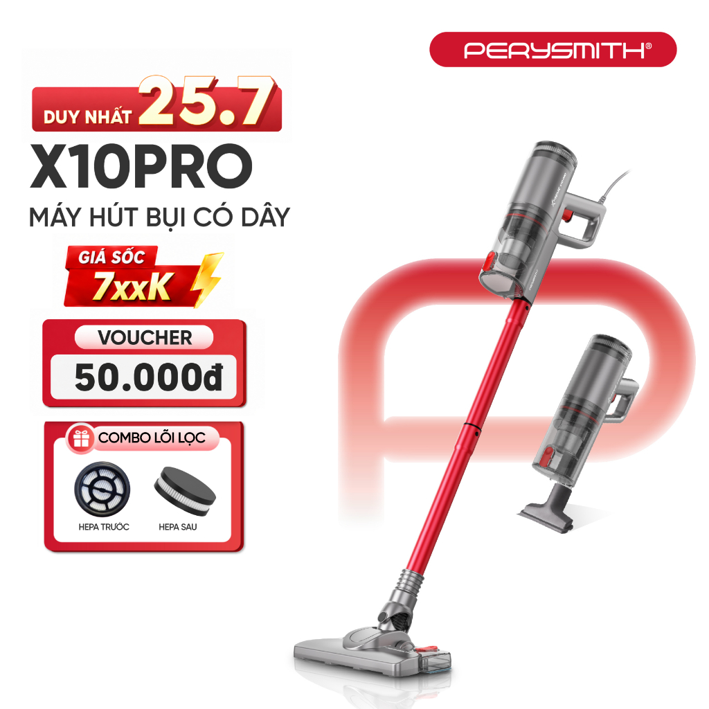 Máy Hút Bụi Có Dây PerySmith X10Pro Lực Hút Mạnh 21.000 Pa, Công Suất 600W, Gọn Nhẹ 1Kg