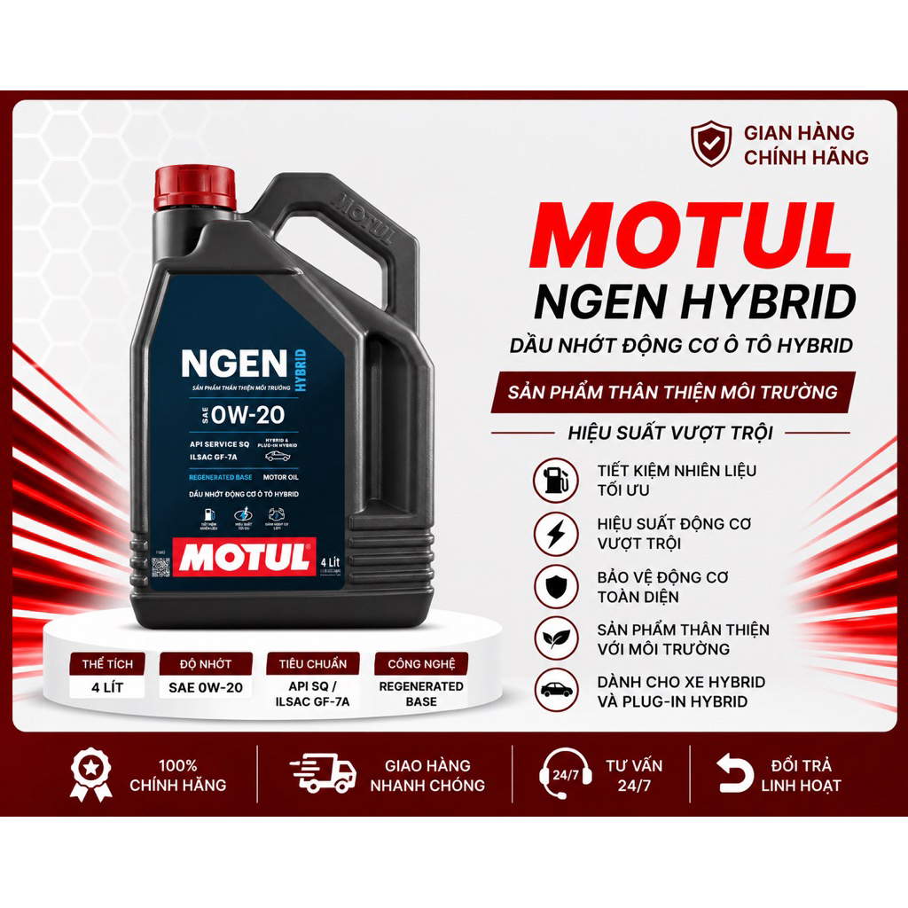 DẦU NHỚT TỔNG HỢP DÀNH CHO OTO MÁY XĂNG & OTO ĐIỆN MOTUL NGEN HYBRID API SQ, ILSAC GF-7A 0W20 - 4L