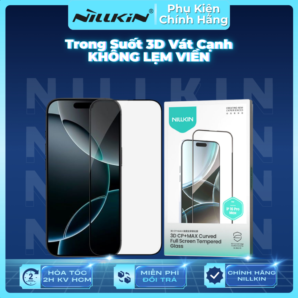 Cường Lực NILLKIN 3D + Max Trong Suốt KHÔNG LẸM VIỀN Chính Hãng cho iP 16 Pro Max/ 16 Pro