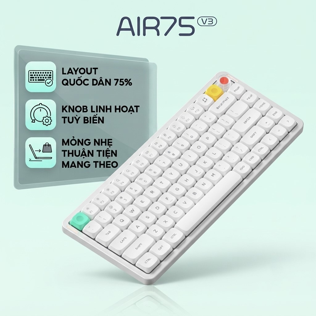 Bàn phím cơ không dây Nuphy Air75 V3 - Low profile siêu mỏng, 3 mode kết nối, Núm xoay