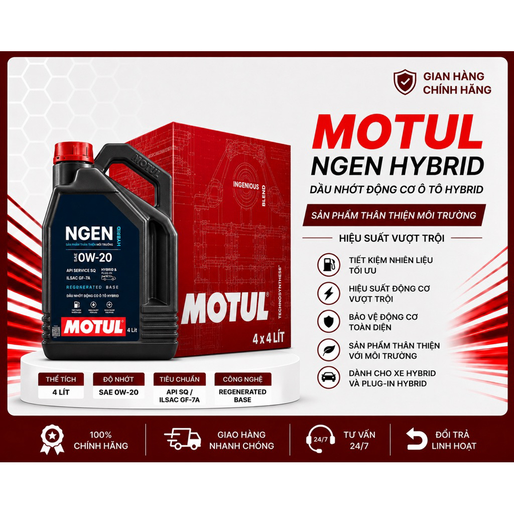 TẶNG NƯỚC MÁT BLUEONE 1L- DẦU NHỚT TỔNG HỢP OTO MÁY XĂNG & OTO ĐIỆN MOTUL NGEN HYBRID API SQ 0W20 4L