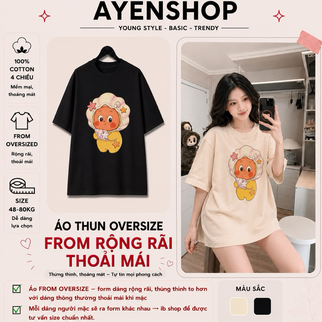 Áo Thun Cotton 100% 4 Chiều Form Oversize In Hình Cartoon Dễ Thương Form Rộng Nữ AYEN SHOP AY108
