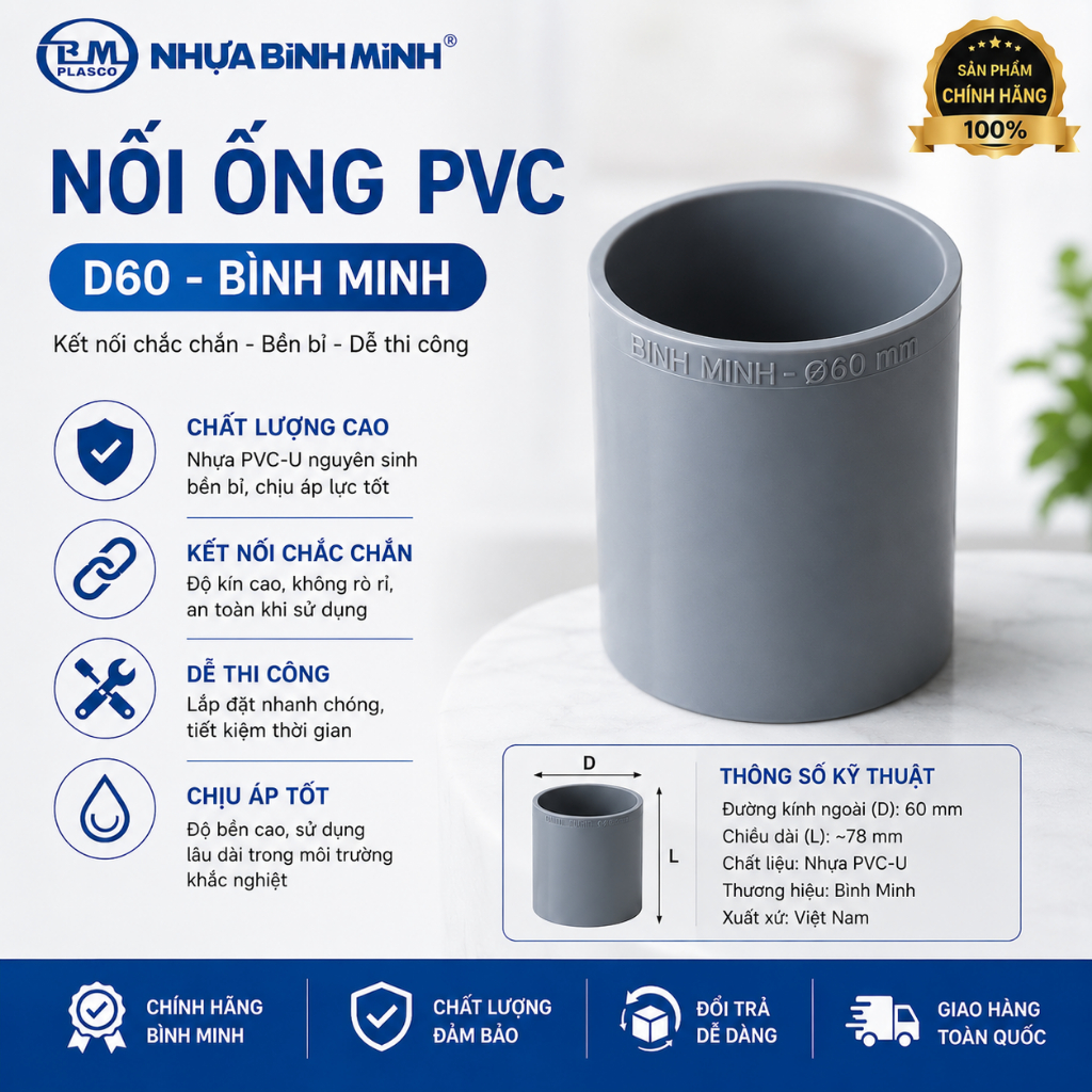 Nối PVC Bình Minh D60 (Măng sông PVC D60) – Chính hãng 100%