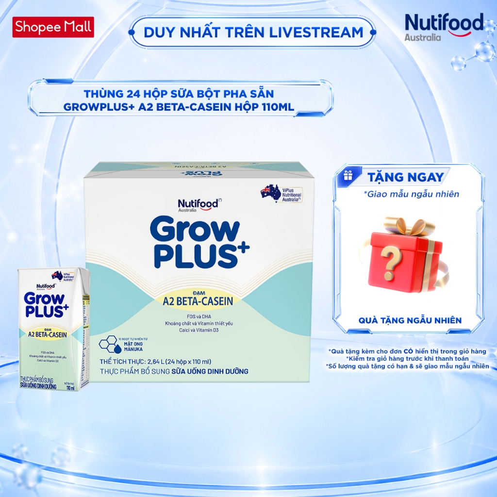 [Livestream KOL] Thùng 24 hộp Sữa bột pha sẵn GrowPLUS+ Đạm A2 Beta-Casein Hộp 110ml