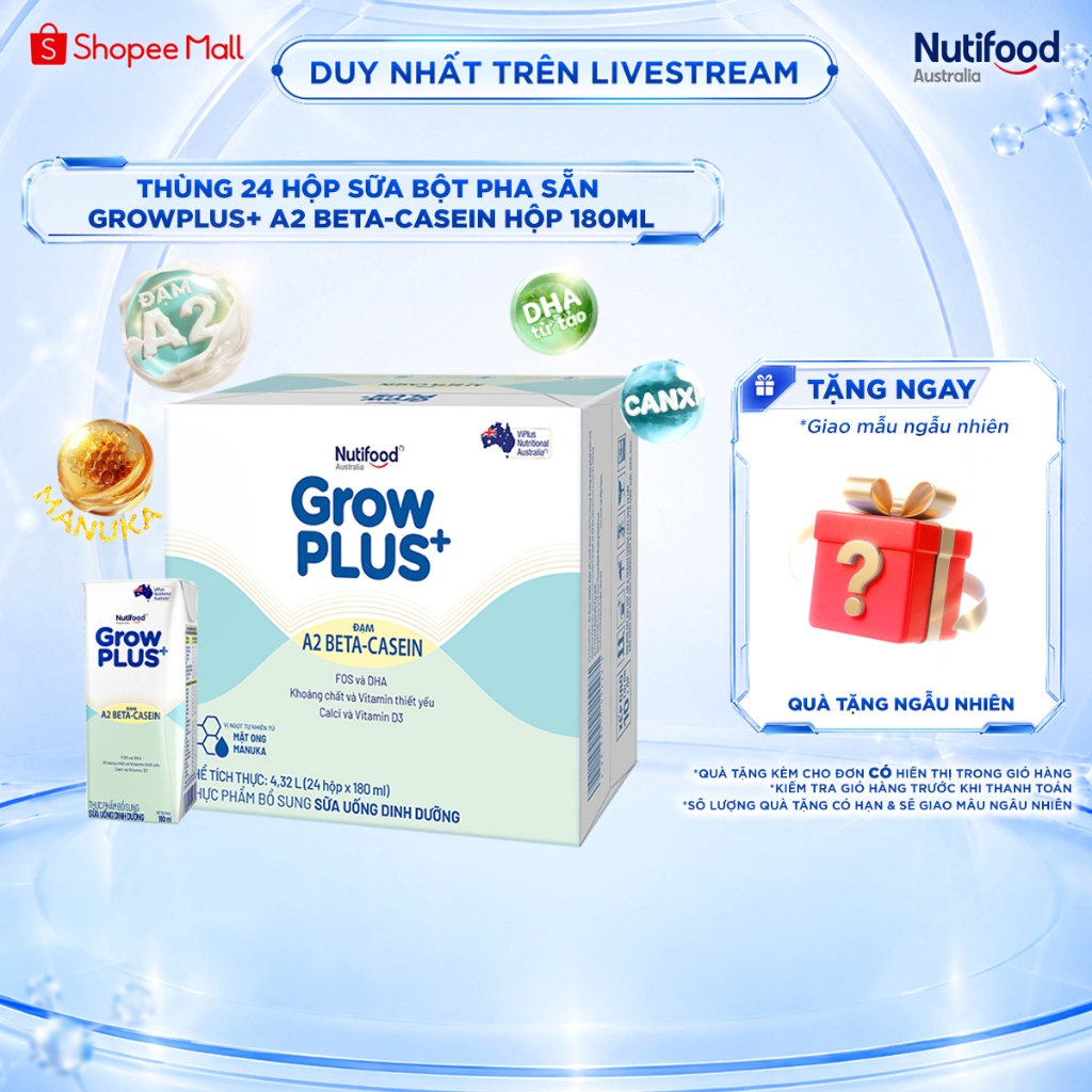 [Livestream KOL] Thùng 24 hộp Sữa bột pha sẵn GrowPLUS+ Đạm A2 Beta-Casein Hộp 180ml