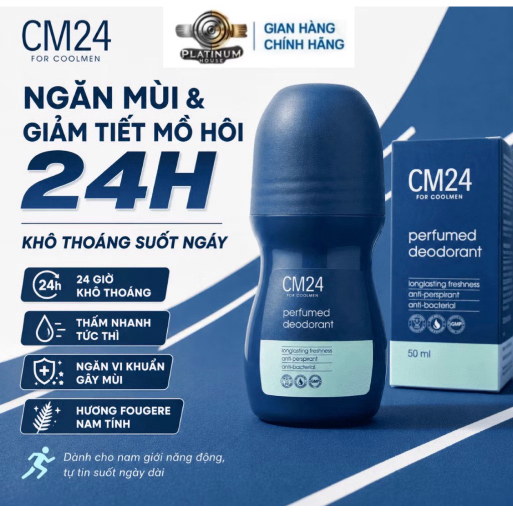 Lăn Khử Mùi CM24 for Coolmen 50g Ngăn Mùi, Khô Thoáng 24H Suốt Ngày Dài, Không Lo Vàng Áo