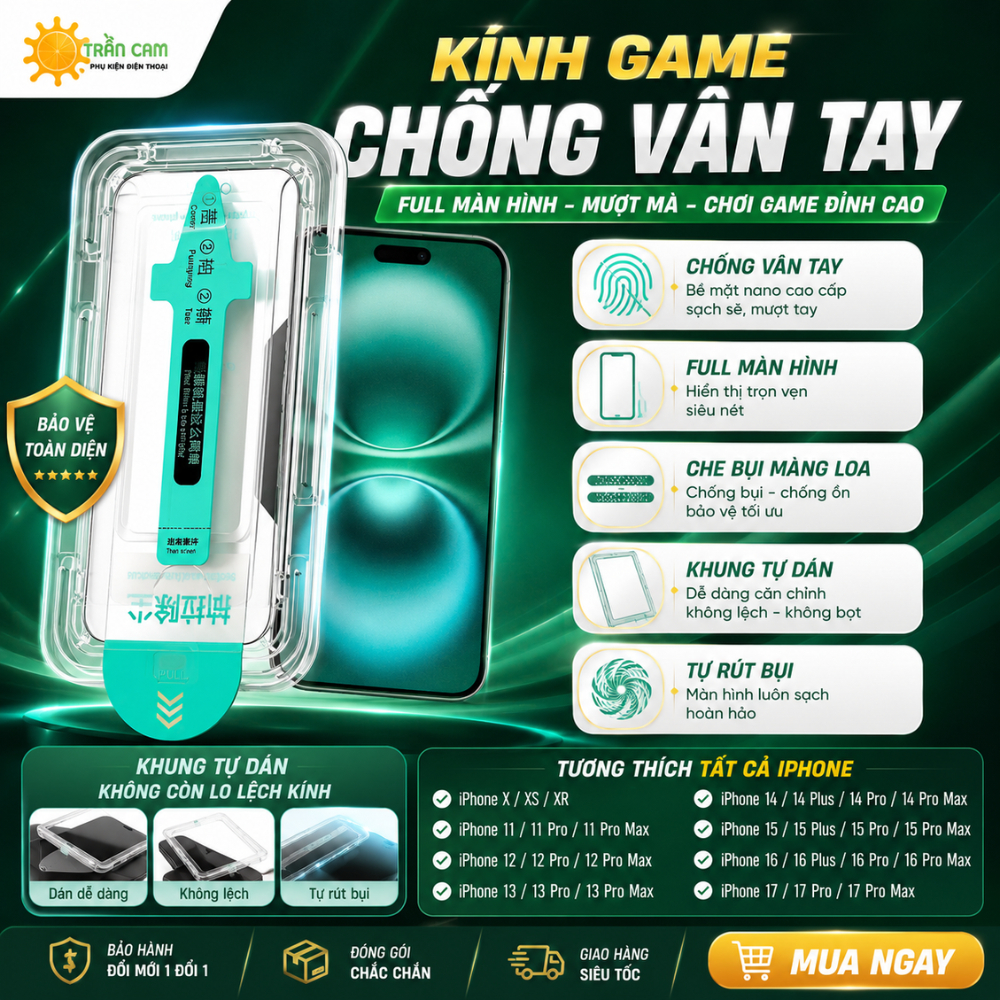 Kính cường lực chống vân tay có khung tự dán, tự rút bụi, che bụi màng loa full màn hình cho iphone 