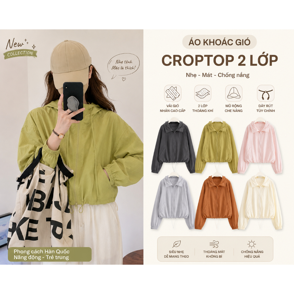 Áo khoác gió nữ croptop 2 lớp vải gió nhăn cao cấp 2024, lớp bên trong lót lưới có mũ