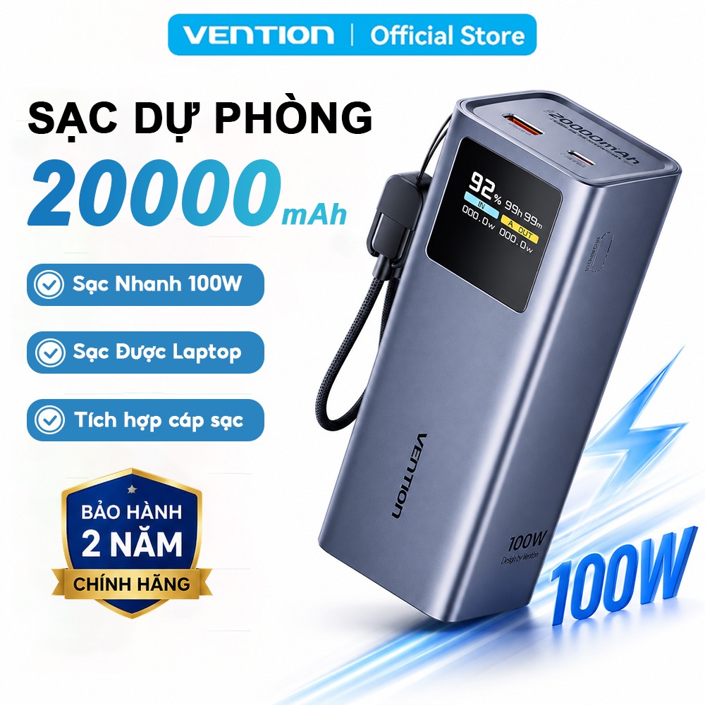Pin Sạc Dự Phòng 20000mAh 100W Vention,Cáp USB-C Tích Hợp,  Sạc Nhanh PD Cho Điện Thoại Laptop MatBook, Màn Hình TFT