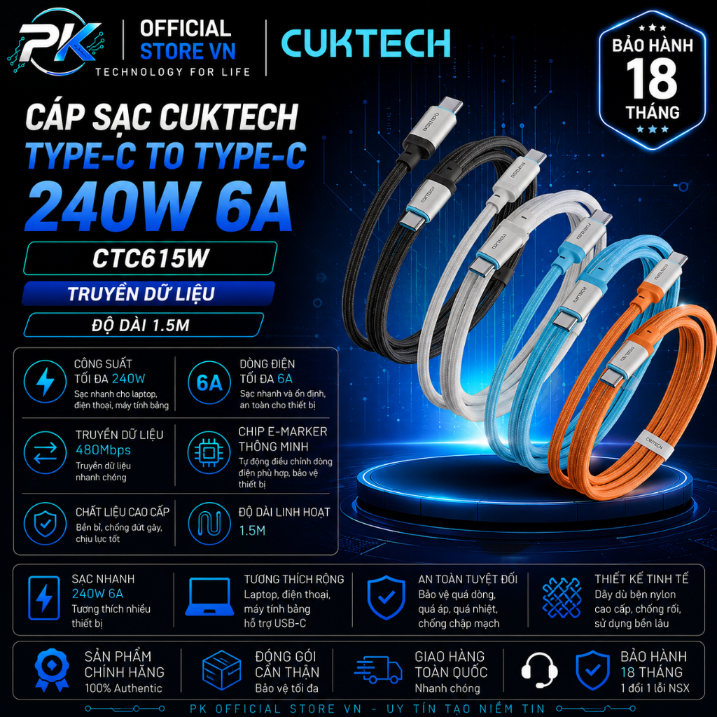 Cáp Sạc Cuktech Type-C to Type-C 240W 6A Truyền Dữ Liệu CTC615W - BH 18 Tháng